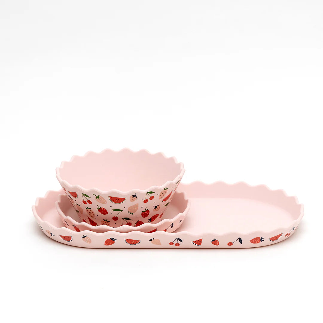 Chino Wavy Edge Silicone Bowl and Plate Set - Pink Fruits