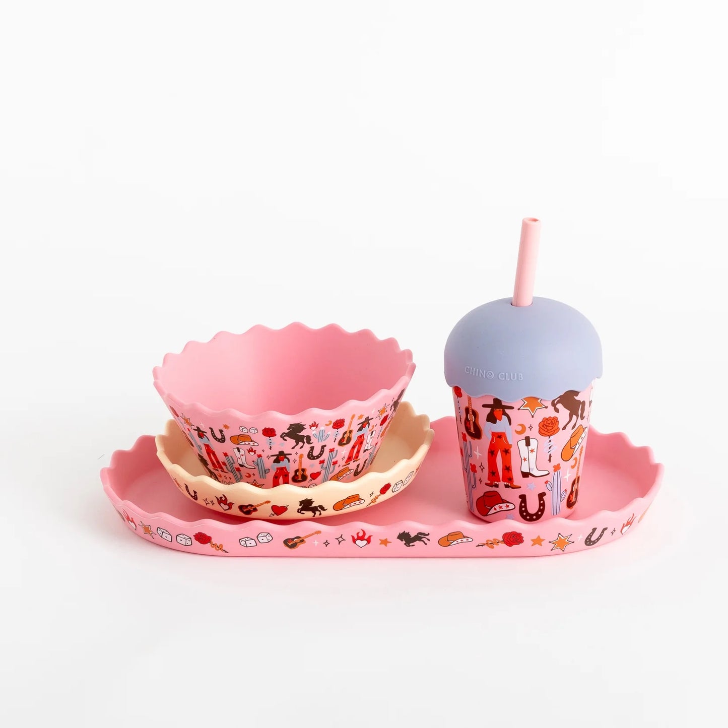 Chino Wavy Edge Silicone Bowl and Plate Set - Cowgirl